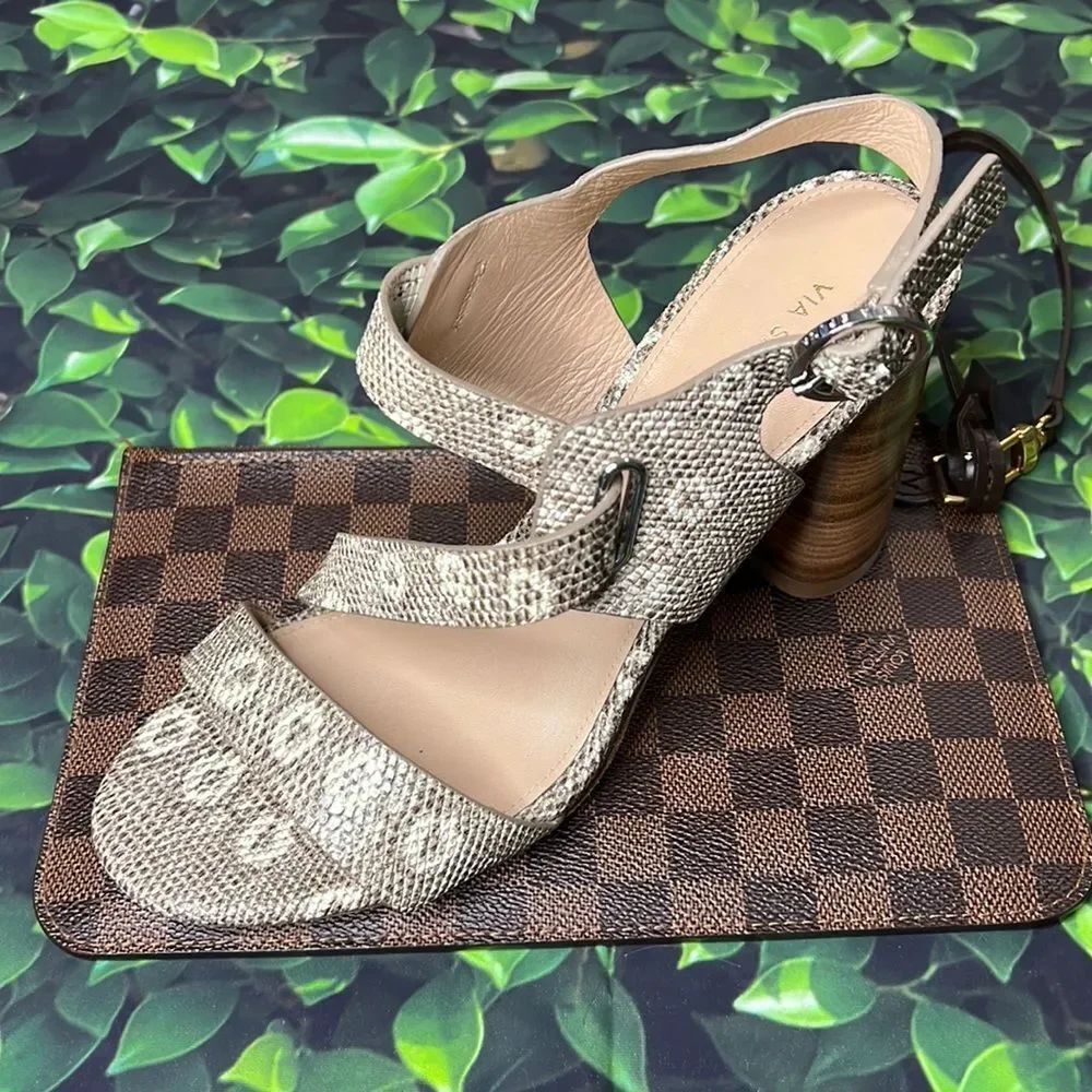 * Via Spiga brown and cream snake, print with large round wooden heels
